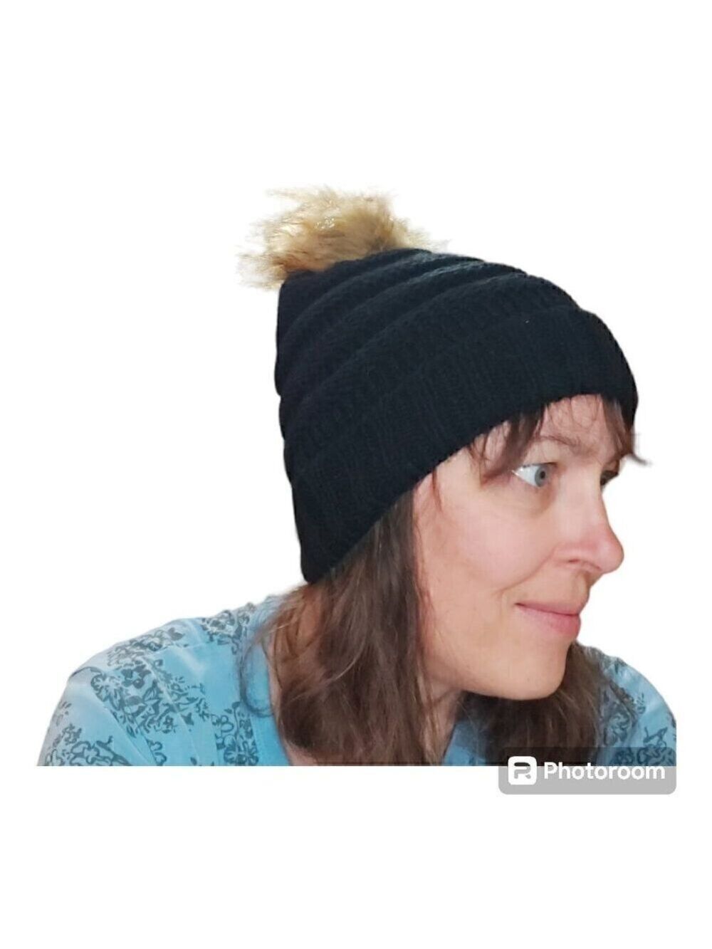 100% Black Acrylic Cable Knit Winter Hat with Pom Pom - Soft Stretch Beanie - OS